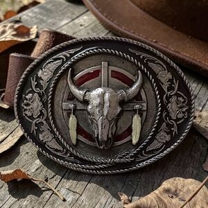 Vtg Siskiyou Belt Buckle Silver Pewter Red Western Steer Skull Made In USA 80s